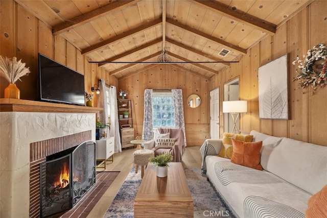3241 Mills Ln, Crescenta, CA 91214 - living room with wood walls, wood finished floors, a fireplace with flush hearth, and wooden ceiling