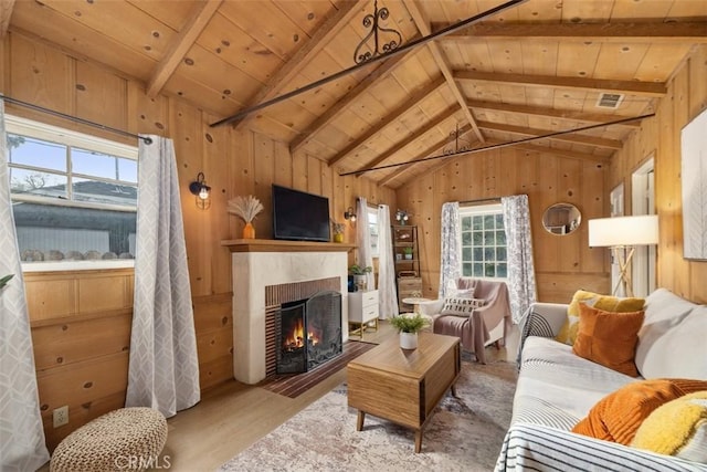 3241 Mills Ln, Crescenta, CA 91214 - living area with wood finished floors, a fireplace, wood walls, and wood ceiling