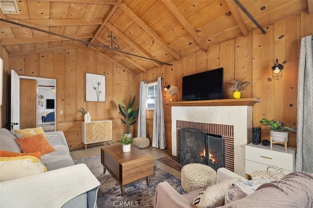 3241 Mills Ln, Crescenta, CA 91214 - living room featuring wood finished floors, wood walls, wood ceiling, and a fireplace