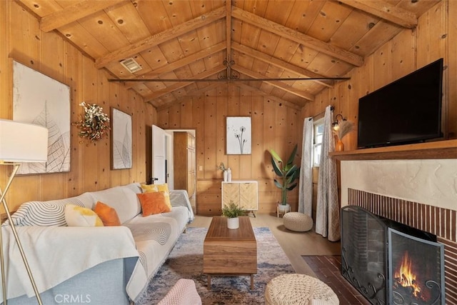 3241 Mills Ln, Crescenta, CA 91214 - living room featuring wood walls, wood finished floors, a brick fireplace, and wooden ceiling