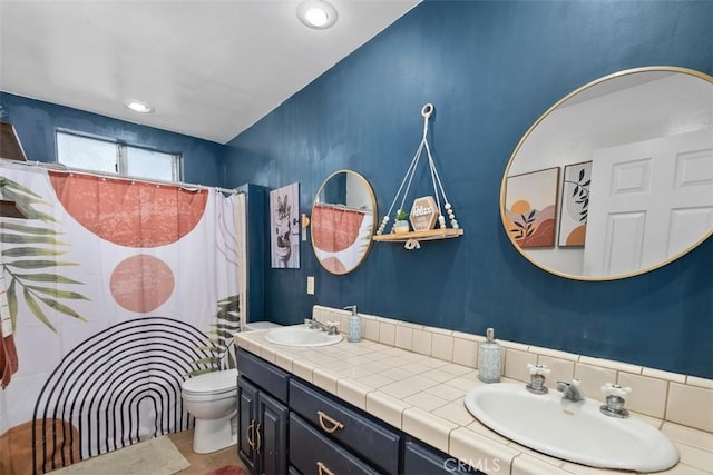 3241 Mills Ln, Crescenta, CA 91214 - bathroom with toilet, double vanity, and a shower with shower curtain