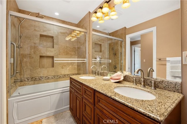 711 Pacific Coast Unit 325, Huntington Beach, CA 92648 - bathroom featuring enclosed tub / shower combo, double vanity, a chandelier, and a sink