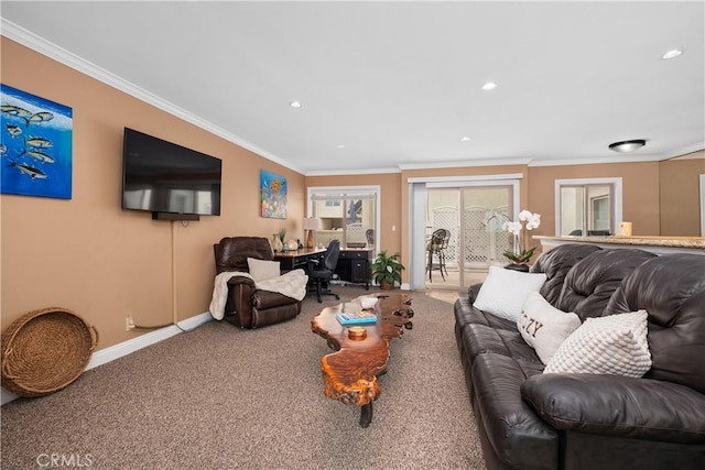 711 Pacific Coast Unit 325, Huntington Beach, CA 92648 - living room featuring carpet flooring, recessed lighting, baseboards, and ornamental molding