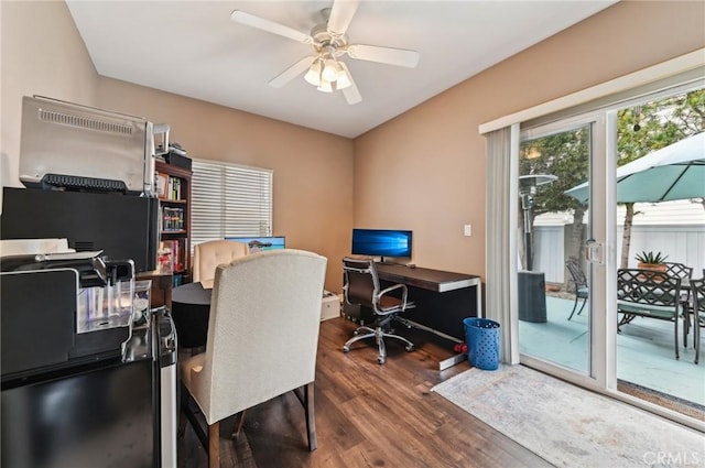 office area featuring a ceiling fan and wood finished floors