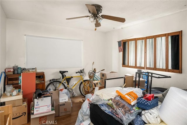 interior space with ceiling fan and wood finished floors