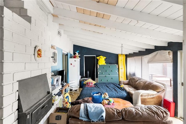 bedroom featuring visible vents, wood ceiling, and beamed ceiling