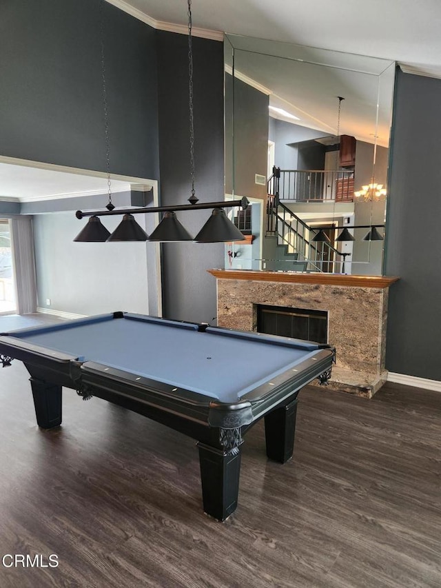 rec room with baseboards, billiards, and wood finished floors