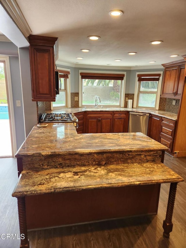 kitchen featuring backsplash, a peninsula, a wealth of natural light, and dishwasher
