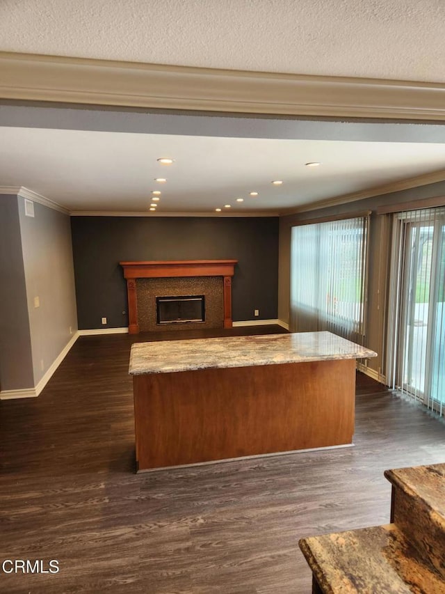 kitchen with baseboards, light stone countertops, dark wood-style floors, and ornamental molding