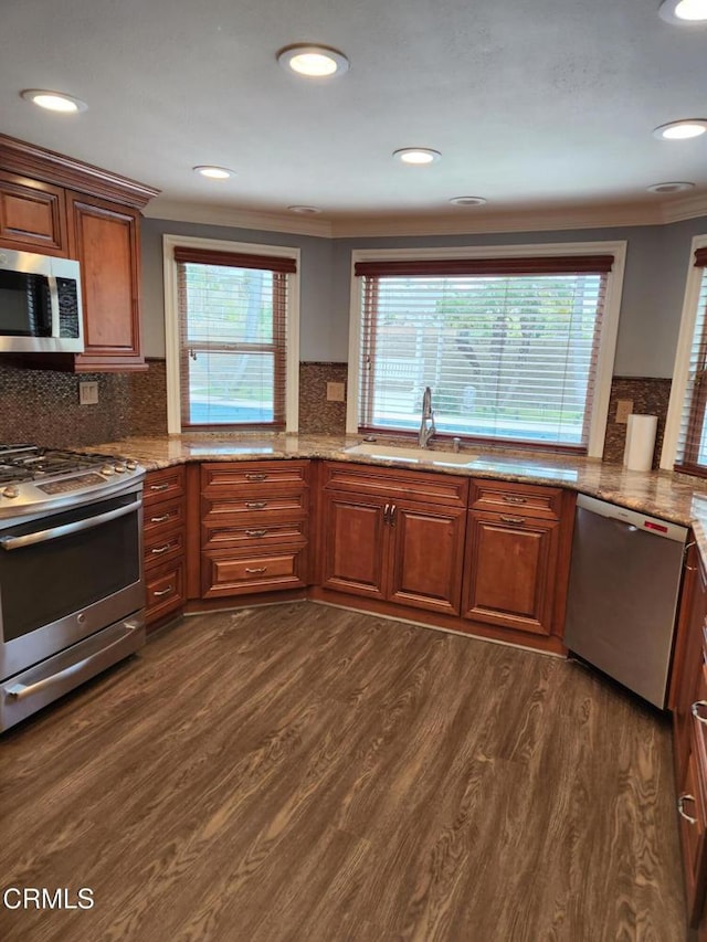 kitchen with a sink, crown molding, stainless steel appliances, and dark wood-style floors