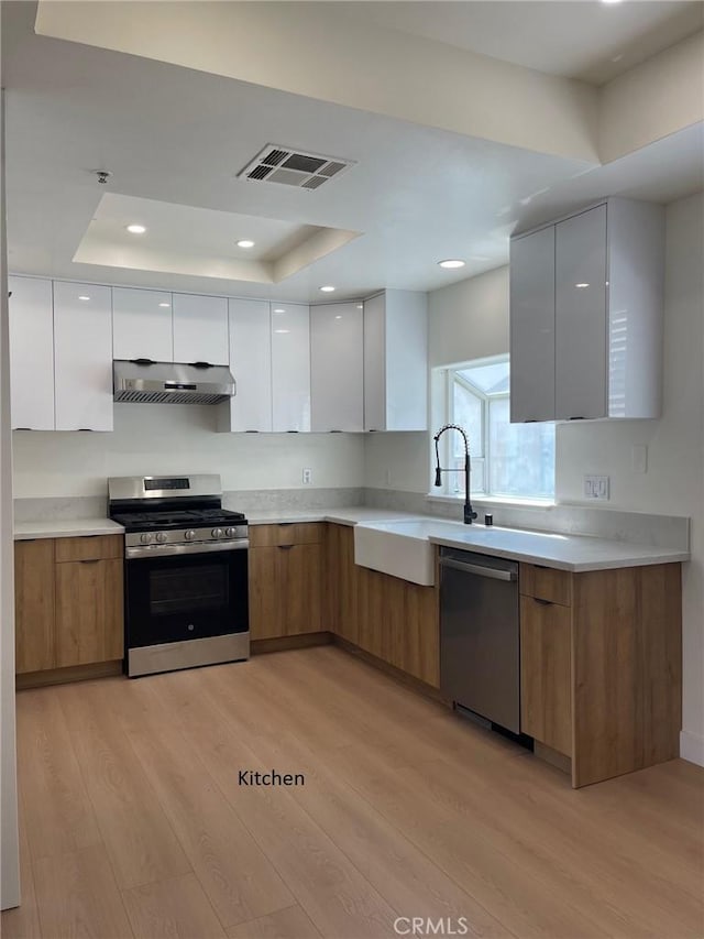 kitchen with under cabinet range hood, stainless steel appliances, modern cabinets, and light wood-style floors