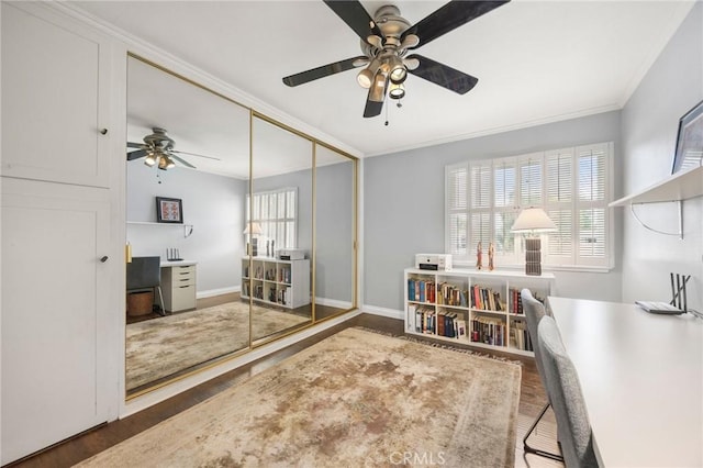 40N Calle Aragon, Laguna Woods, CA 92637 - office space featuring crown molding, a ceiling fan, baseboards, and wood finished floors