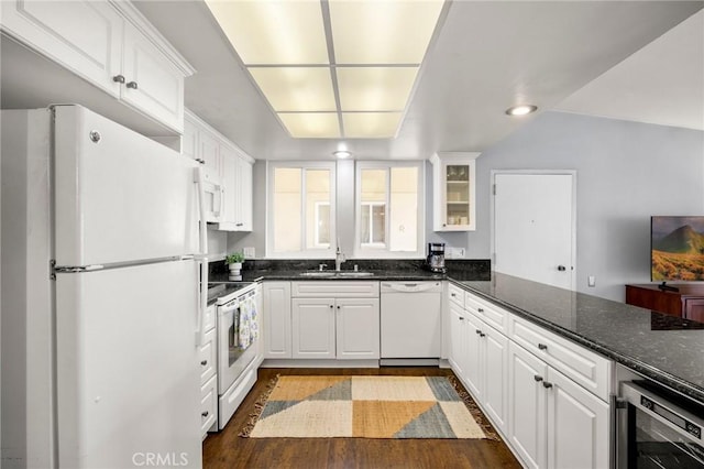 40N Calle Aragon, Laguna Woods, CA 92637 - kitchen featuring a sink, white appliances, dark wood finished floors, white cabinetry, and wine cooler