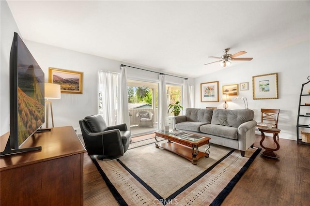 40N Calle Aragon, Laguna Woods, CA 92637 - living room featuring a ceiling fan, wood finished floors, and lofted ceiling