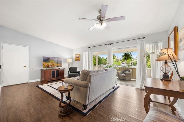 40N Calle Aragon, Laguna Woods, CA 92637 - living area featuring wood finished floors, a ceiling fan, baseboards, and lofted ceiling
