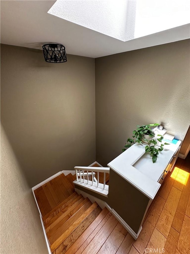 stairs with hardwood / wood-style flooring