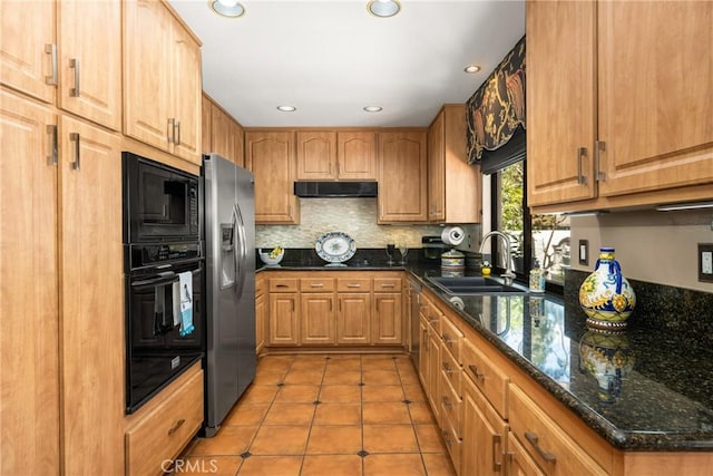 401 E Yale Loop Unit 20, Irvine, CA 92614 - kitchen with black appliances, a sink, light tile patterned floors, dark stone counters, and tasteful backsplash