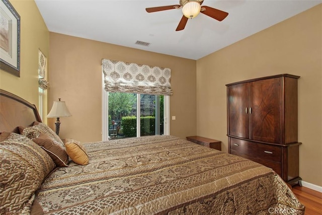 9169 Wooded Hill Dr, Corona, CA 92883 - bedroom with visible vents, wood finished floors, baseboards, access to outside, and a ceiling fan