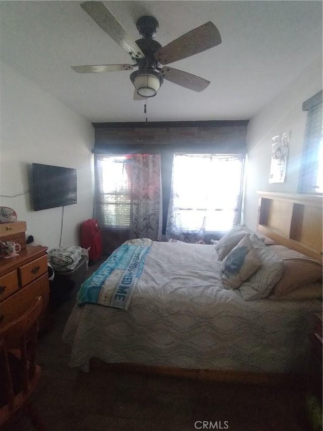bedroom with a ceiling fan and multiple windows