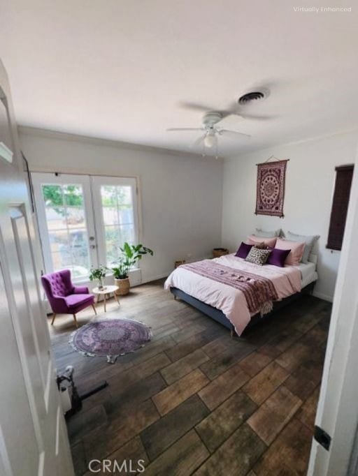 3620 Hoover St, Riverside, CA 92504 - bedroom featuring access to exterior, french doors, dark wood-type flooring, and ceiling fan