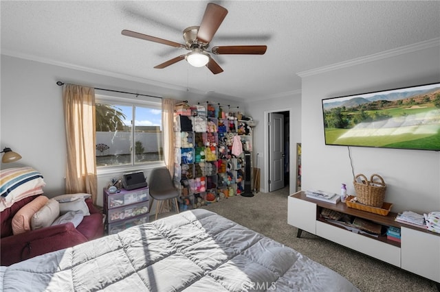 bedroom featuring crown molding, carpet flooring, a textured ceiling, and a ceiling fan