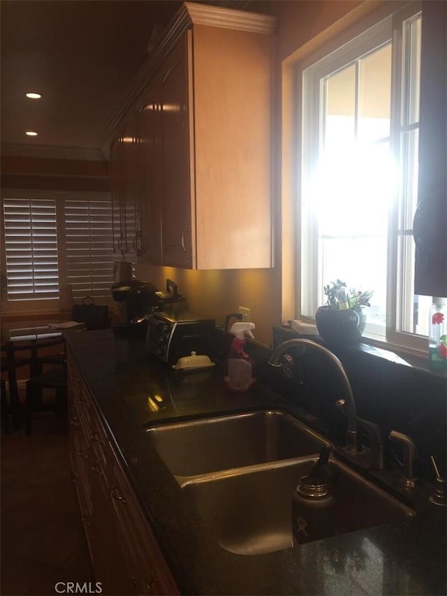 kitchen with crown molding, dark countertops, and a sink