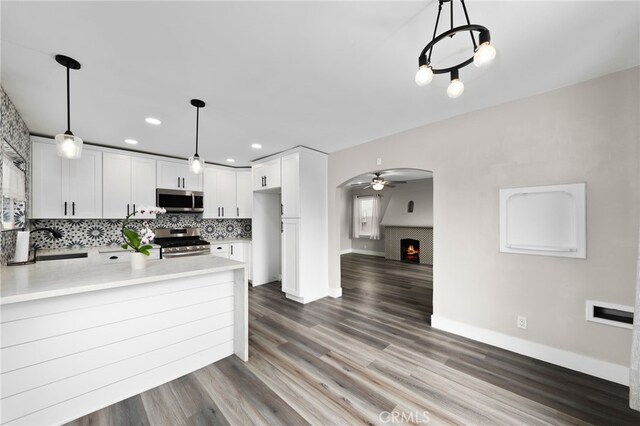 3204 Madison Ave, San Diego, CA 92116 - kitchen with a peninsula, ceiling fan, a lit fireplace, light countertops, and appliances with stainless steel finishes