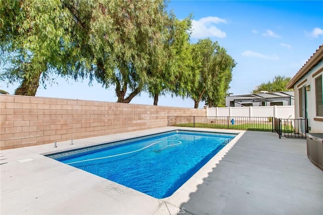 view of pool with a fenced backyard, a fenced in pool, and a patio