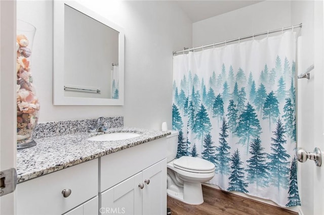 full bathroom featuring a shower with shower curtain, toilet, wood finished floors, and vanity