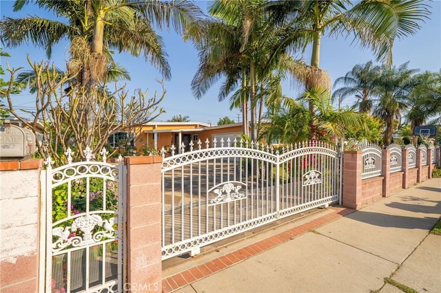 view of gate with a fenced front yard