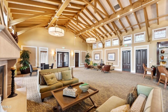 carpeted living area featuring visible vents, beam ceiling, a fireplace, baseboards, and high vaulted ceiling