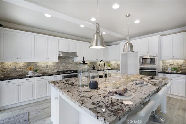 kitchen with appliances with stainless steel finishes, tasteful backsplash, a sink, white cabinets, and under cabinet range hood