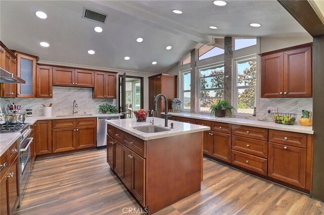 kitchen featuring visible vents, a sink, dark wood-style floors, and stainless steel appliances