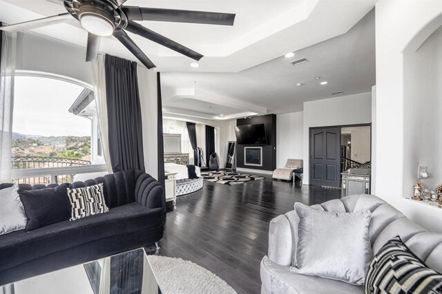 733 Clayburn Ct, Alpine, CA 91901 - living area with a ceiling fan, arched walkways, wood finished floors, a tray ceiling, and recessed lighting