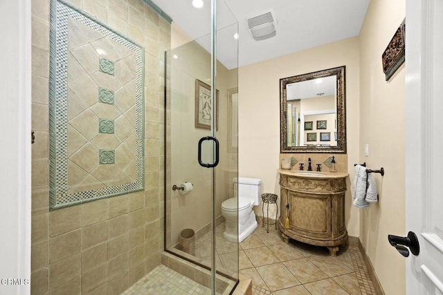 574 Camillo Rd, Sierra Madre, CA 91024 - bathroom with visible vents, vanity, toilet, tile patterned floors, and a stall shower