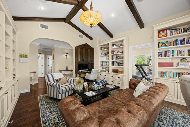 574 Camillo Rd, Sierra Madre, CA 91024 - living room featuring arched walkways, visible vents, lofted ceiling with beams, and dark wood-type flooring