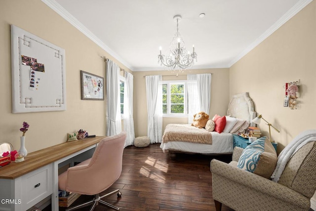 574 Camillo Rd, Sierra Madre, CA 91024 - bedroom with crown molding, dark wood-style floors, and a notable chandelier