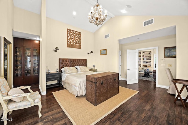 574 Camillo Rd, Sierra Madre, CA 91024 - bedroom with dark wood-style flooring, high vaulted ceiling, visible vents, and baseboards