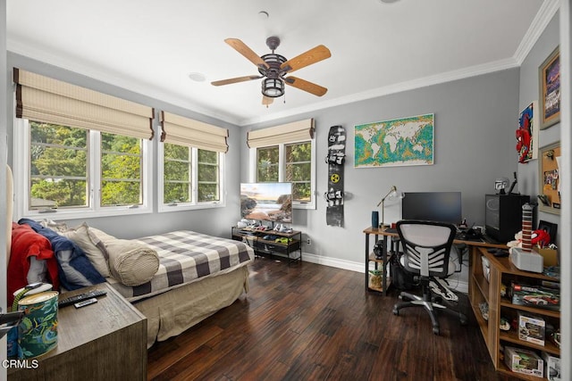 574 Camillo Rd, Sierra Madre, CA 91024 - bedroom featuring baseboards, ornamental molding, ceiling fan, and hardwood / wood-style flooring