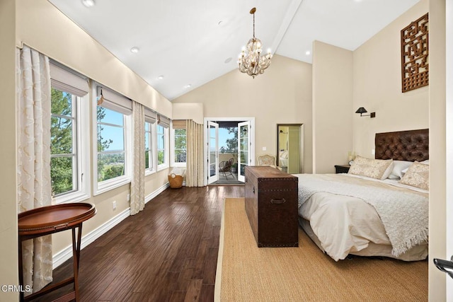 574 Camillo Rd, Sierra Madre, CA 91024 - bedroom with access to outside, high vaulted ceiling, a chandelier, and multiple windows