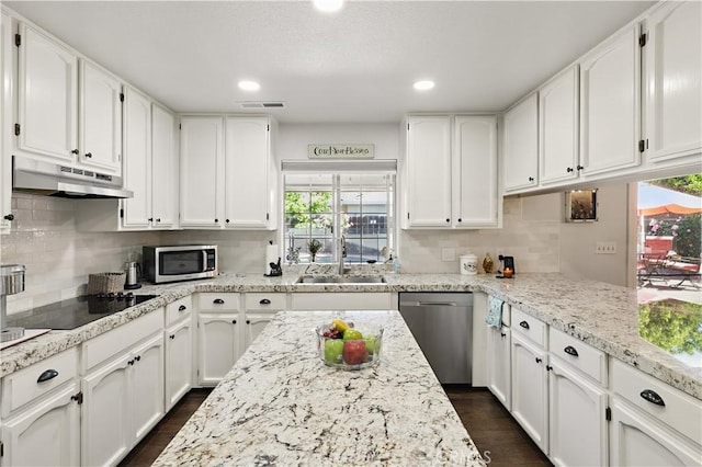 kitchen featuring under cabinet range hood, a sink, white cabinets, and appliances with stainless steel finishes