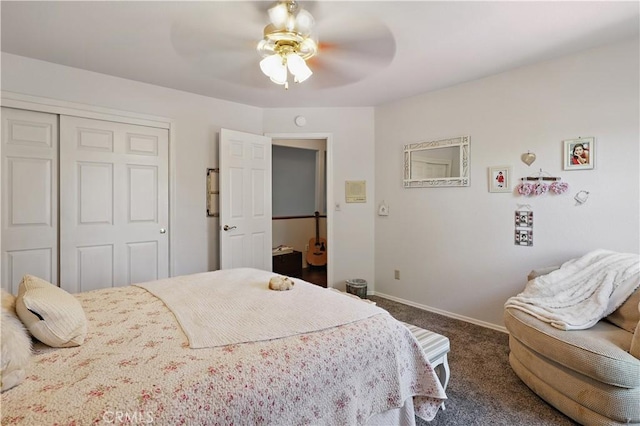 3571 White Wolf Ct, Merced, CA 95340 - bedroom featuring dark colored carpet, a closet, baseboards, and a ceiling fan