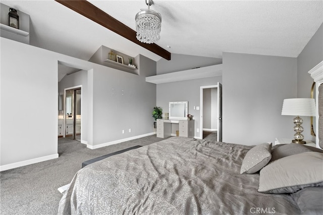 bedroom with carpet floors, baseboards, and lofted ceiling with beams