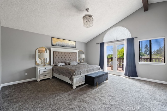 bedroom featuring french doors, access to outside, vaulted ceiling, and a textured ceiling