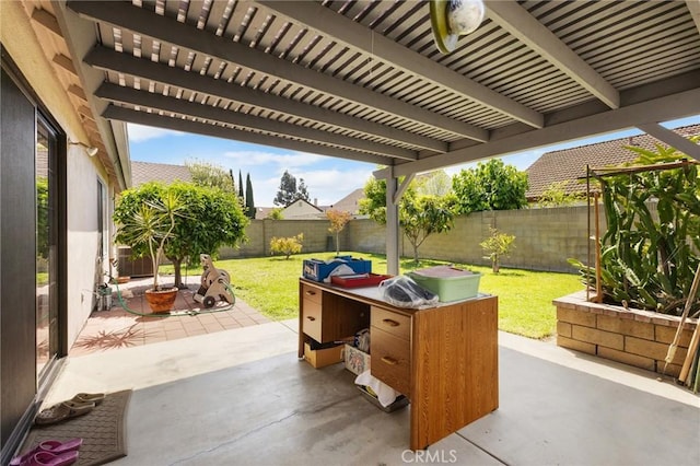 view of patio with a fenced backyard and a pergola