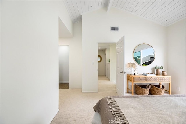 carpeted bedroom with beam ceiling, high vaulted ceiling, baseboards, wooden ceiling, and visible vents