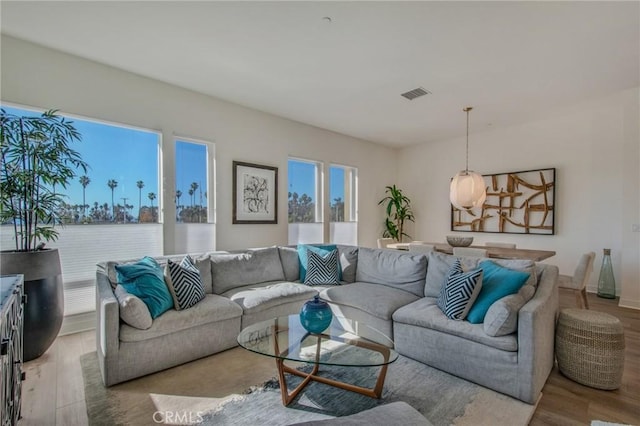 living area with visible vents and wood finished floors