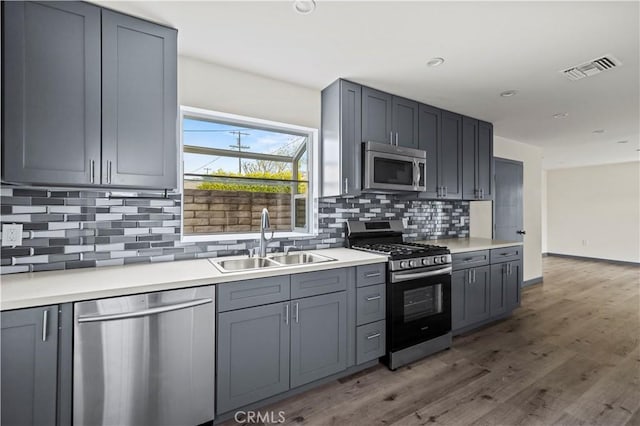 kitchen with light countertops, a sink, light wood-style flooring, backsplash, and stainless steel appliances