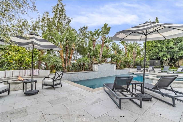 27 Calle Canela, San Clemente, CA 92673 - view of pool with a patio, a fenced in pool, fence, and an outdoor living space with a fire pit