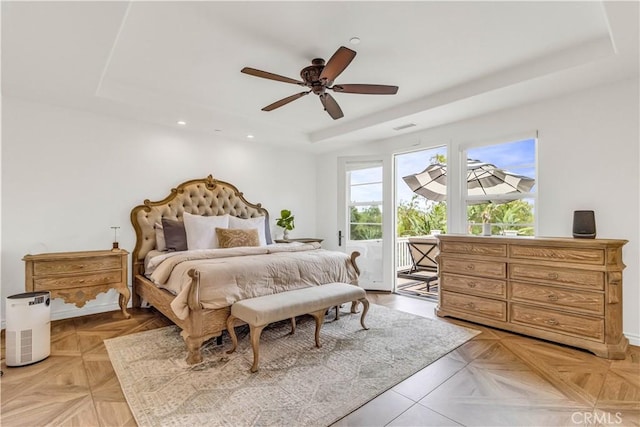 27 Calle Canela, San Clemente, CA 92673 - bedroom with baseboards, access to outside, recessed lighting, a tray ceiling, and a ceiling fan
